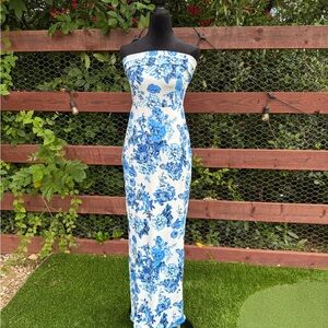 Commense White Strapless Maxi Dress with Blue Floral Print